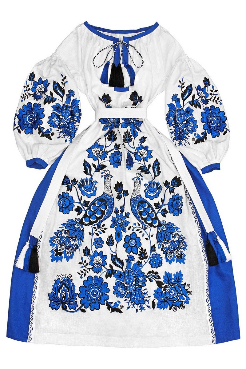Buy Long linen white embroidered vyshivanka women`s ethnic Ukrainian designer dress