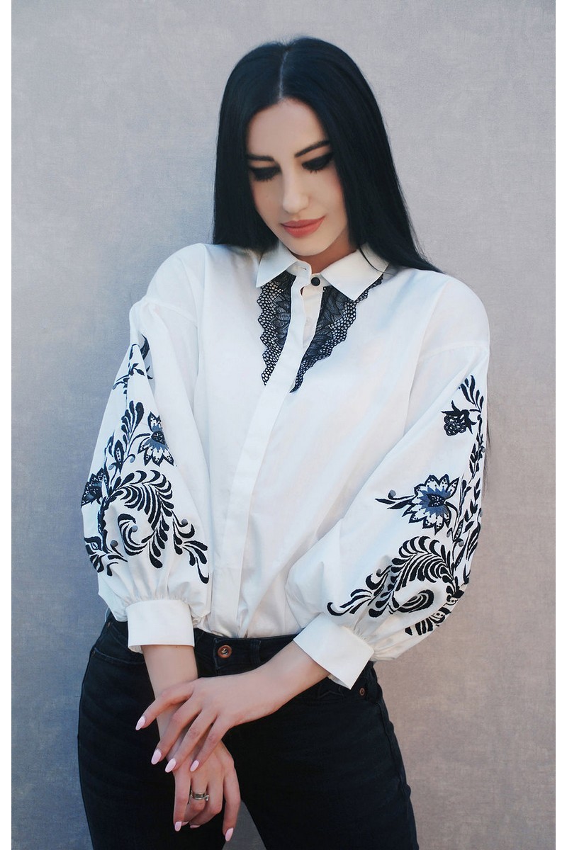 Buy White elegant embroidered Batiste Cotton lace blouse, long sleeve office business designer blouse