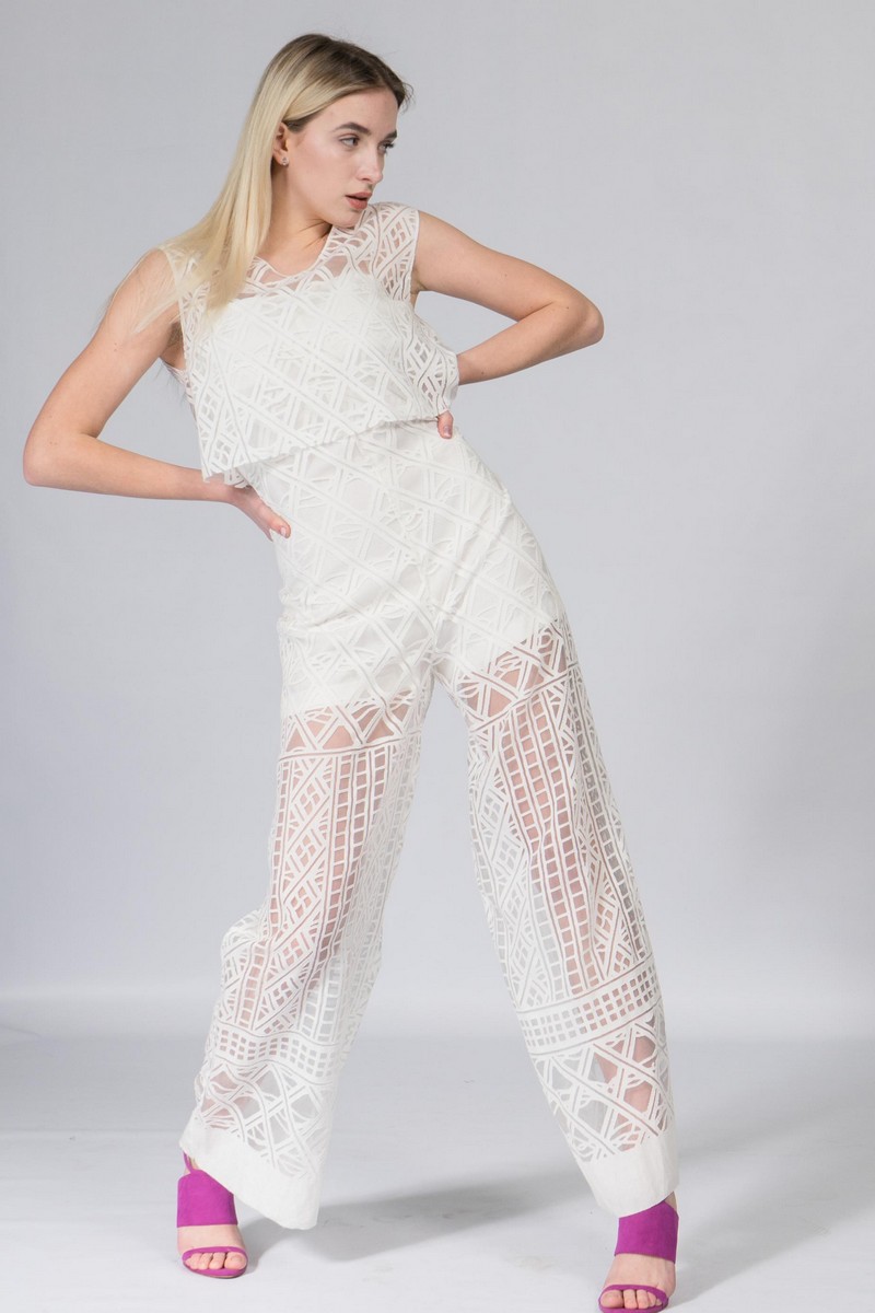Buy Openwork white women`s solid lace jumpsuit cape sleeveless with cubic patterns