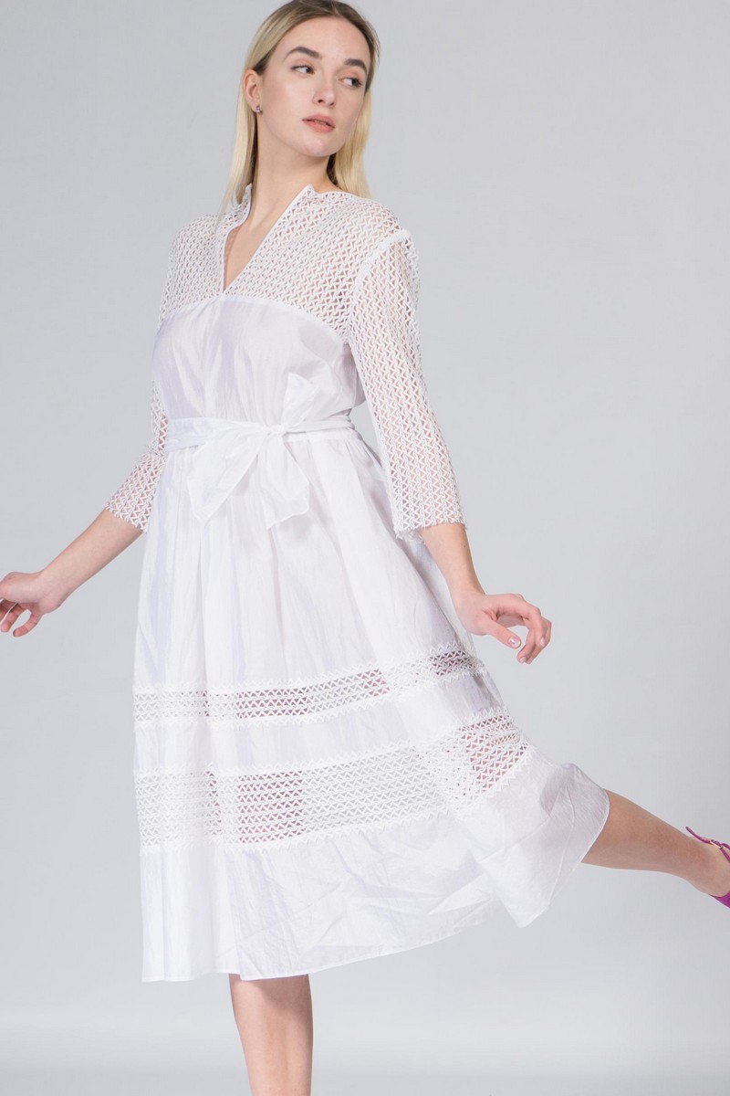 Buy Women`s original elegant midi white lace dress, V neck long sleeve belt