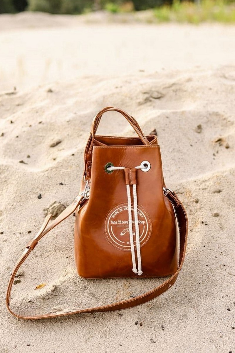 Buy Leather Brown Ladies Bucket Shoulder Bag Drawstring Long Strap Casual City Bag