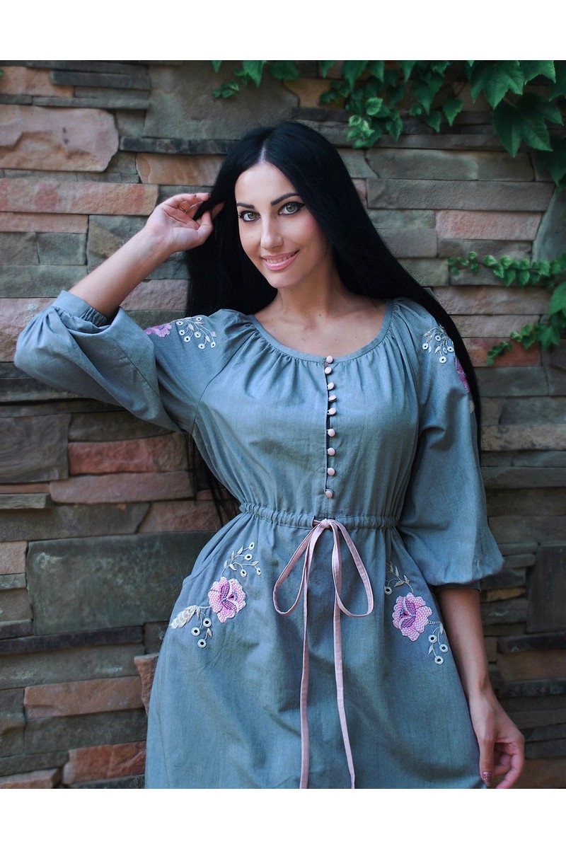 Buy Embroidered gray unique comfortable Ukrainian cotton designer dress