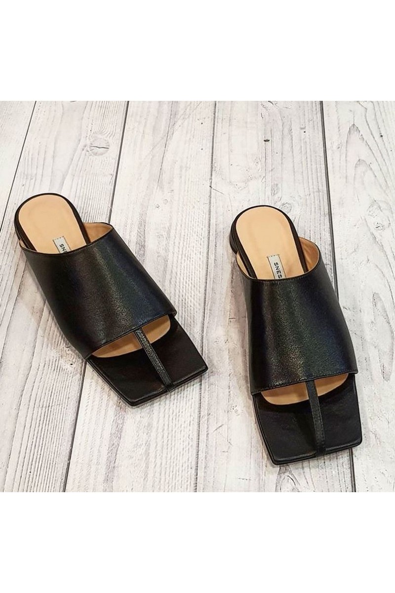 Buy Black Flip-Flops Mules Thong Sandals Square Open Toe for Women Slim Matte Leather Slippers Summer Comfortable for Daily Wear Beach