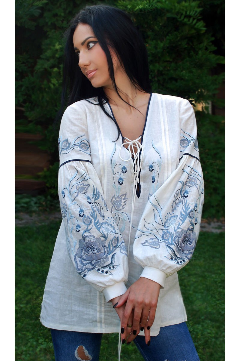 Buy Embroidered linen white Ukrainian vyshivanka blouse, designer long sleeve comfortable blouse with embroidery