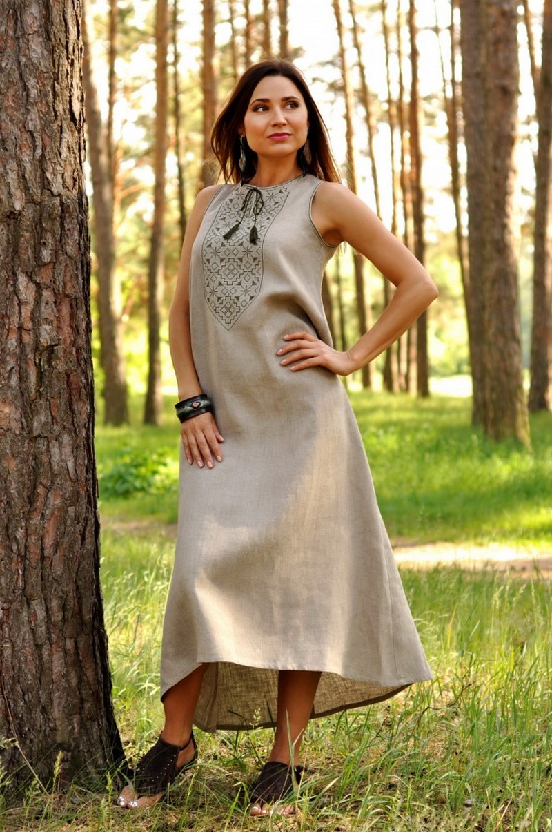 Buy Women's long summer linen dress-vyshivanka, Comfortable Boho Ukrainian ethnic unique sleeveless dress