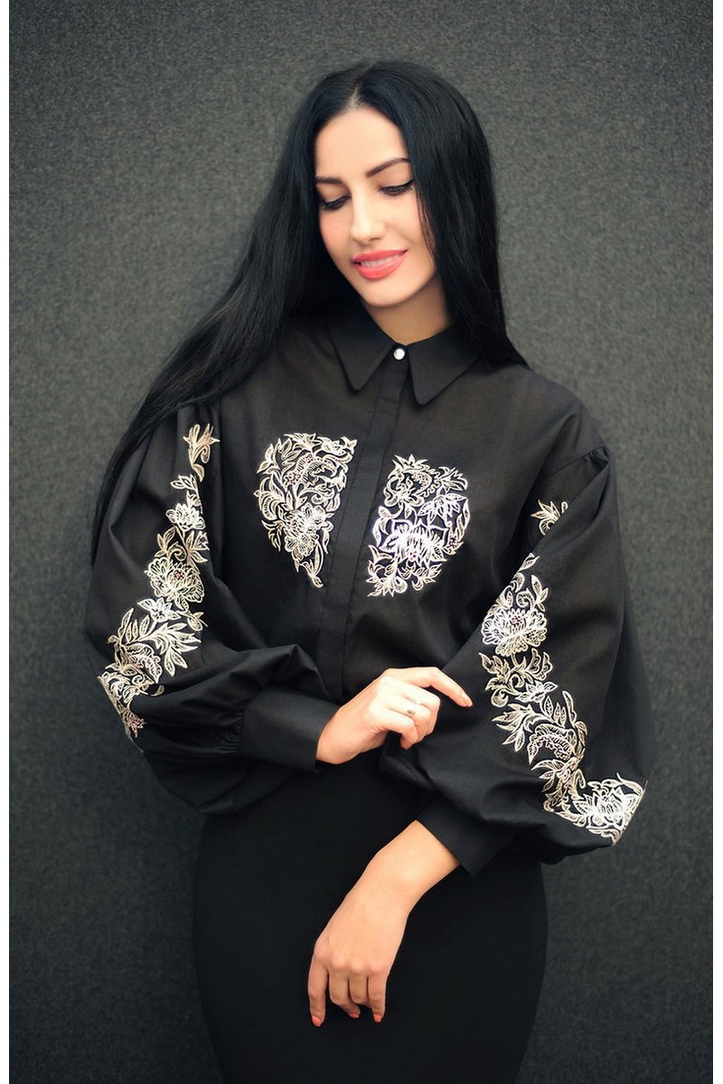 Buy Elegant embroidered black cotton oversized blouse, long sleeve designer blouse