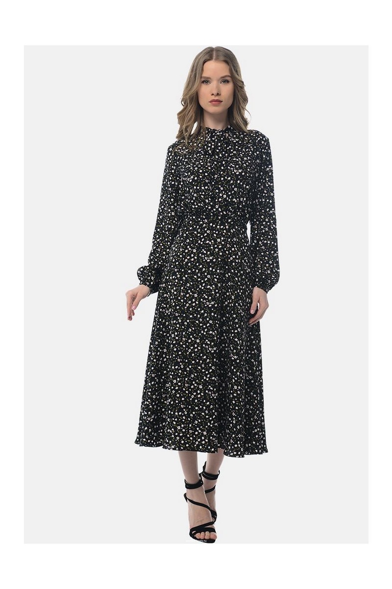 Buy Midi Retro Slim Black Floral Print Polyester Long Sleeve Casual Closed Dress