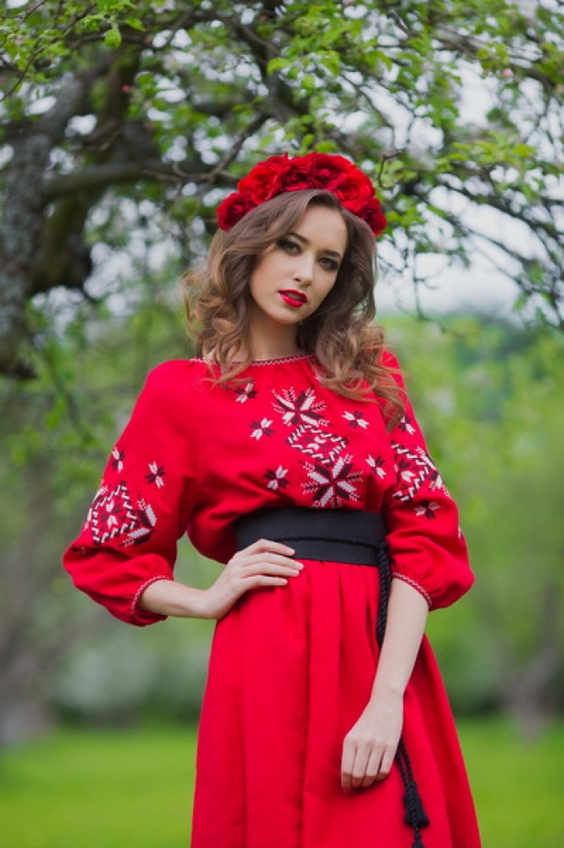 Buy Red linen embroidered Ukrainian style dress, unique ethnic authentic dress