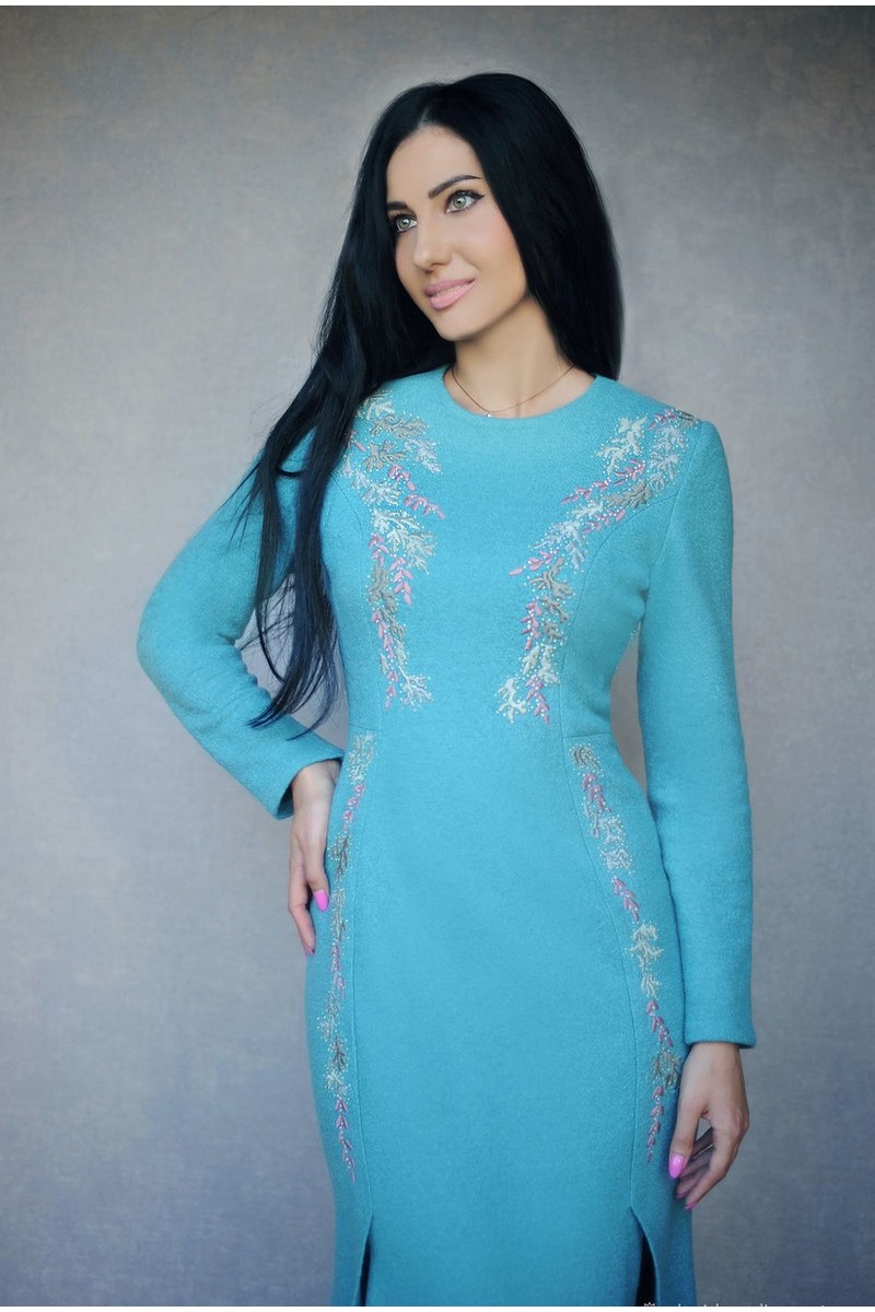 Buy Elegant woolen hand embroidery blue designer dress