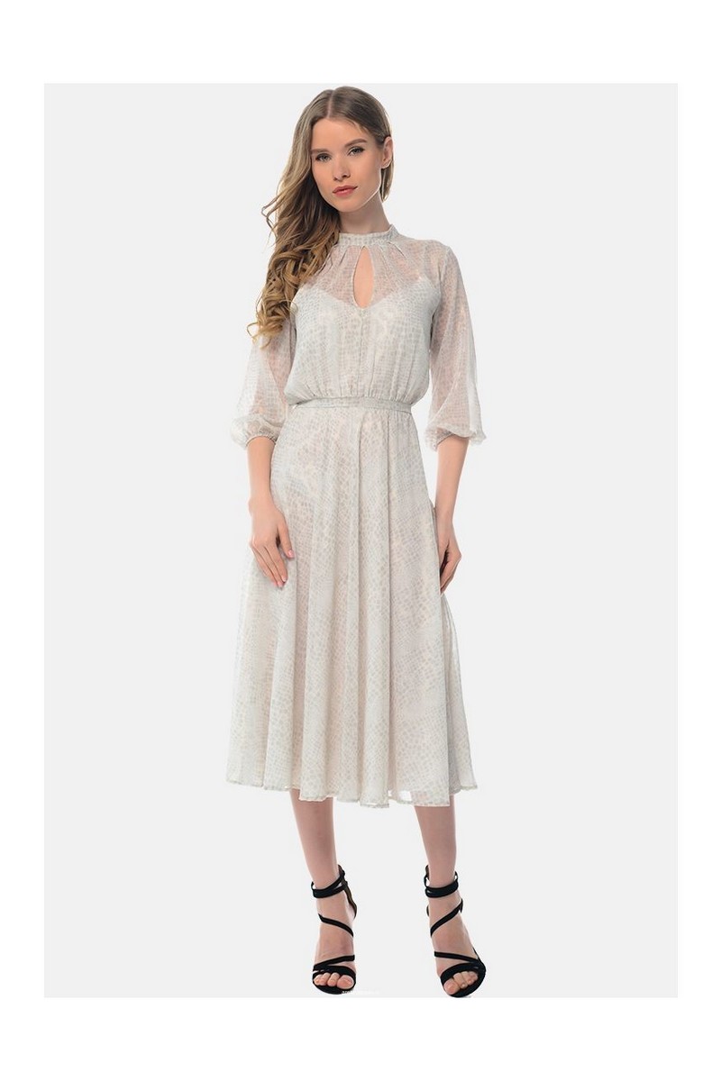 Buy Casual Party Retro Gray Polyester Long Sleeve Midi Dress, Zipper Lining Comfortable Designer Dress