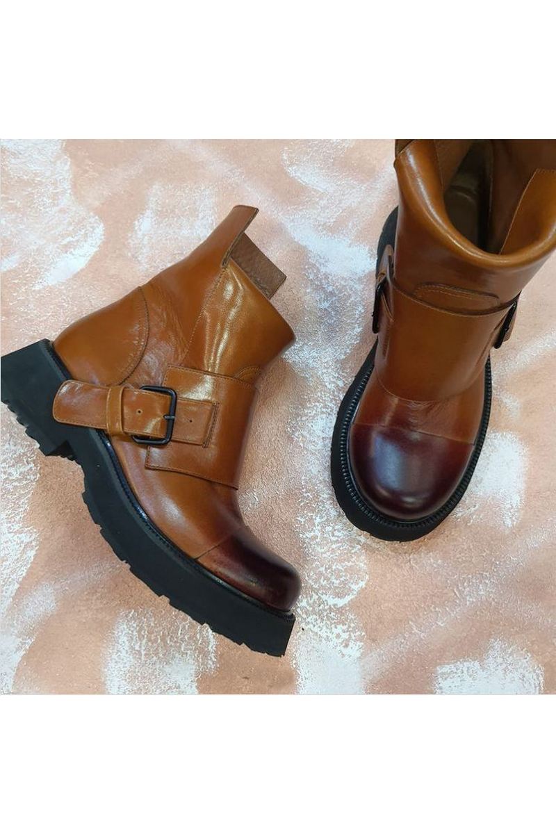 Buy Brown Exclusive Fashion Moto Handmade Women Leather Boots Buckle Ankle Booties Designer Comfy Shoes