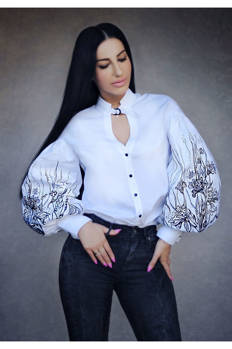 Buy White cotton embroidered unique authentic contrast blouse, vyshivanka blouse
