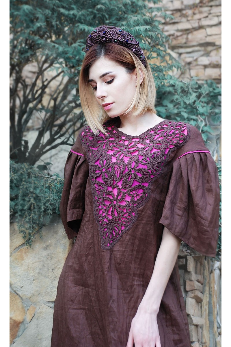 Buy Exclusive linen purple linen lace handmade comfortable designer dress