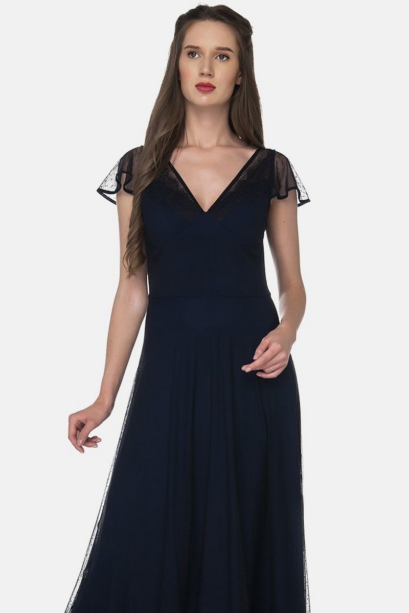 Buy Elegant party black midi guipure dress, short sleeve design V neck dress