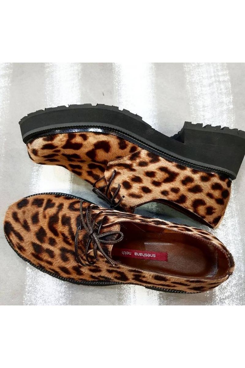 Buy Leopard Pattern Print on Women Oxford Lace Up Fur Handmade Shoes Flats