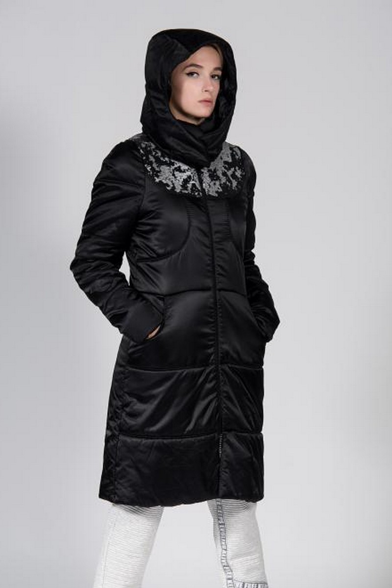 Buy Satin black hood sequin coat, designer stylish unique warm winter coat