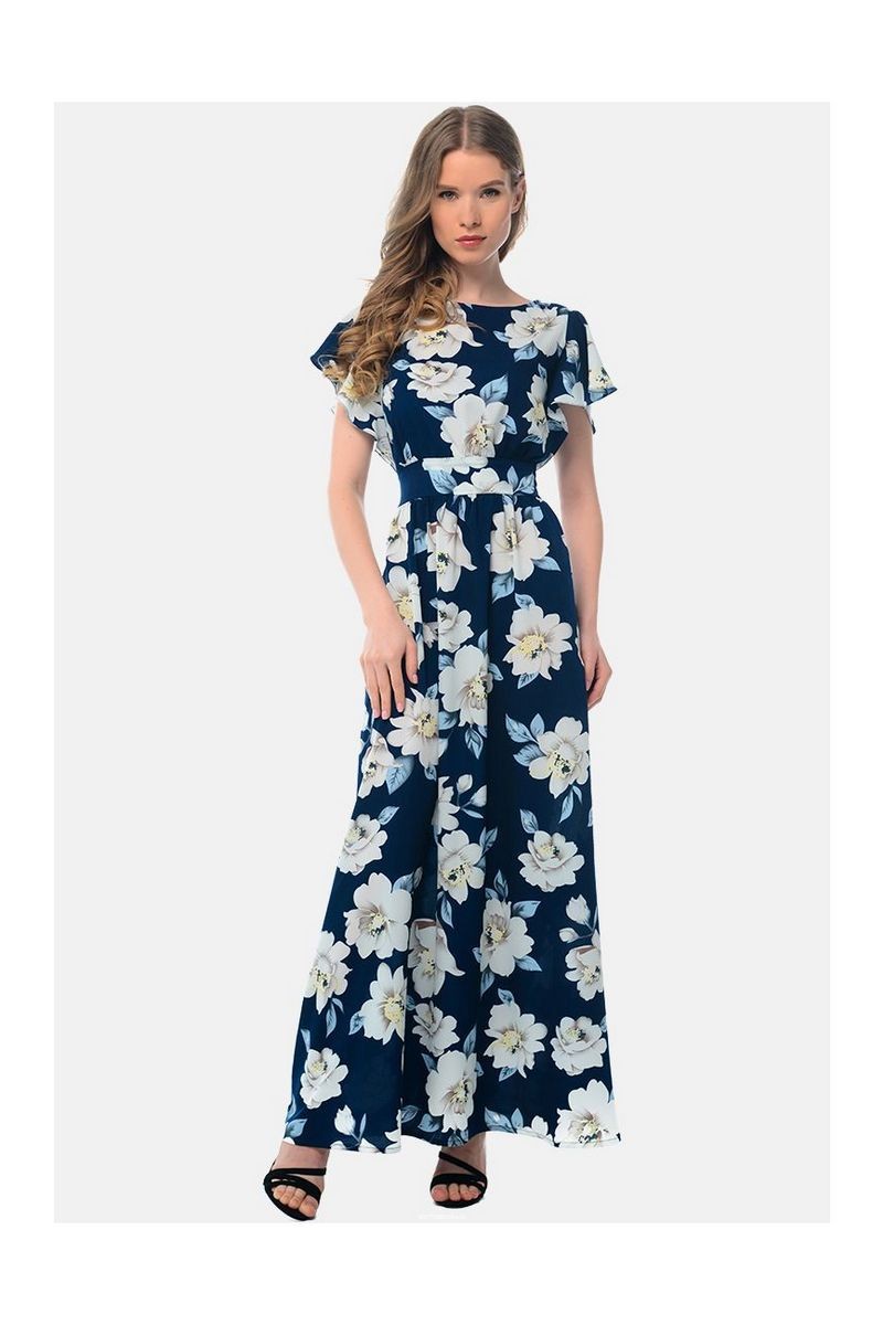 Buy Long Floral Print Blue Polyester Sleeveless Zipper Designer Retro Casual Party Dress