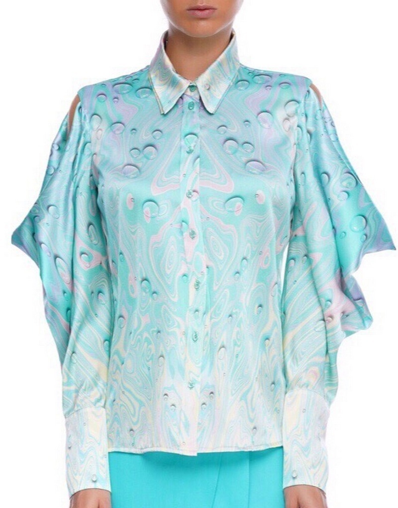 Buy Sleeve accented silk blue blouse, party fashion elegant casual exclusive designer blouse