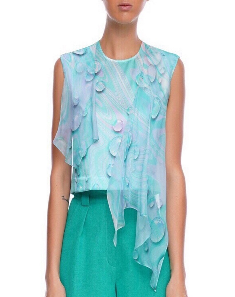 Buy Tie-up blouse with decorative wings, blue silk shiffon party elegant evening blouse