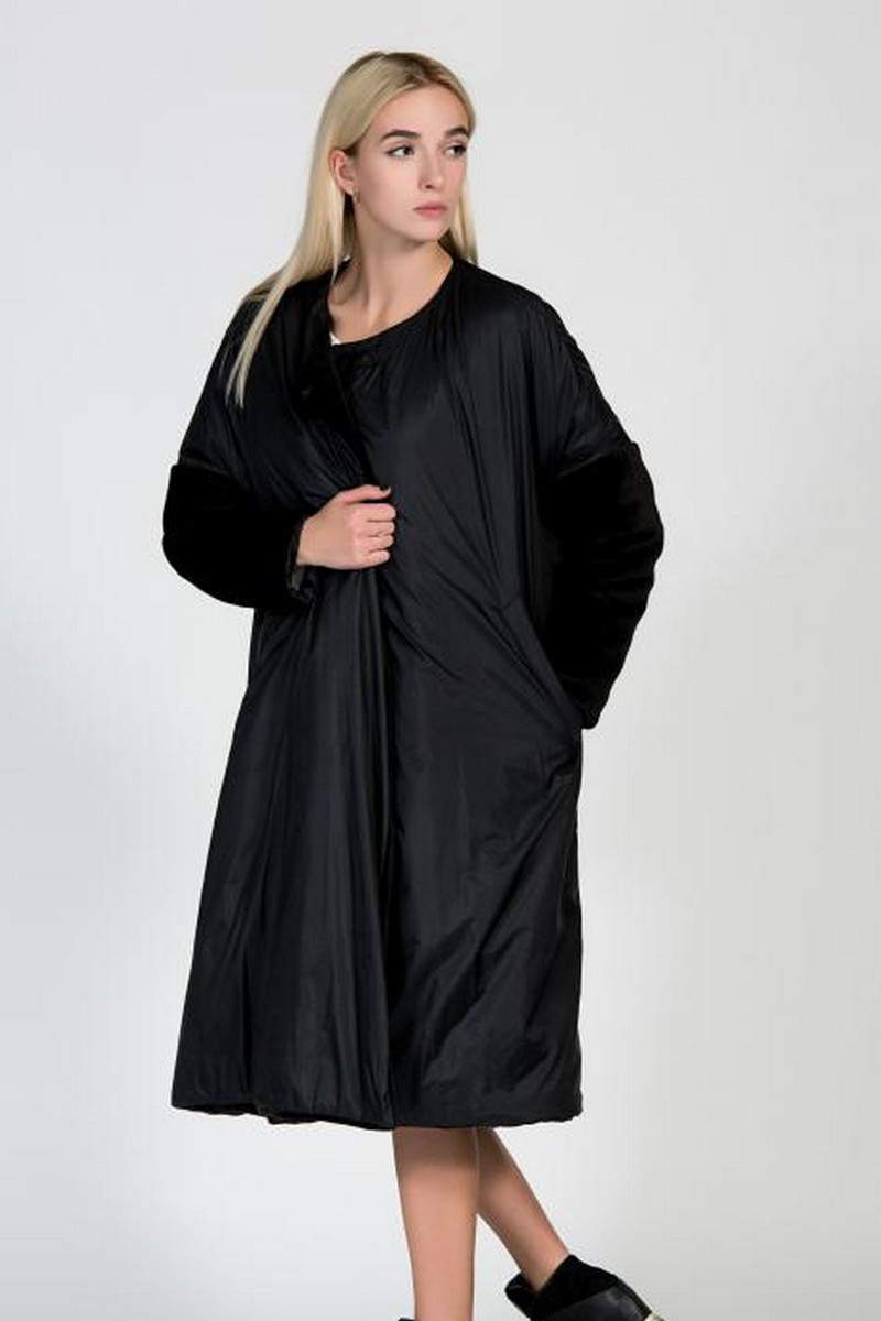 Buy Bilateral black ecofur loose coat, hooded women stylish unique design oversize clothes