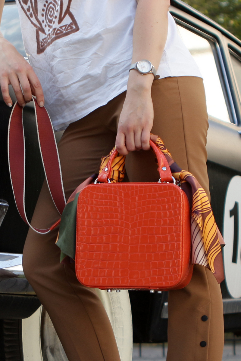 Buy Women `s orange real leather square handbag bag with two short handles, Casual Shoulderbag