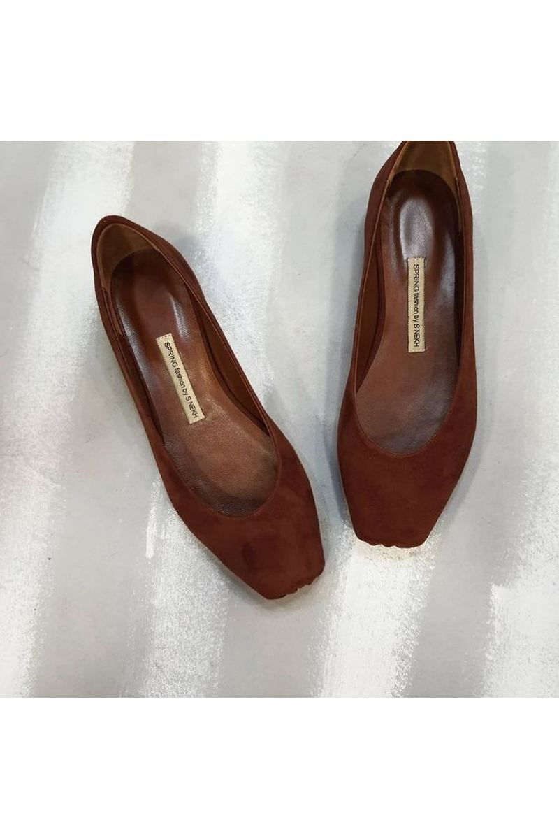 Buy Brown suede ballet flat square toe low heel elegant handmade shoes women
