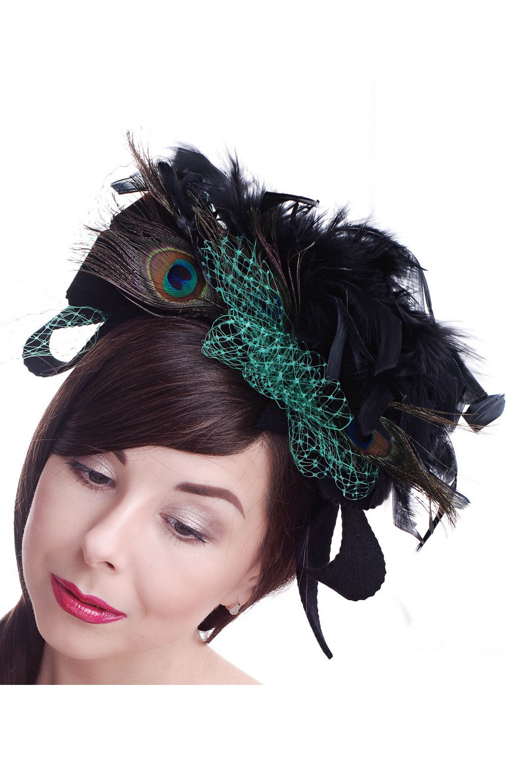 Buy Little black felt women's peacock feathers hat in retro style, Unique exclusive designer stylish hat 