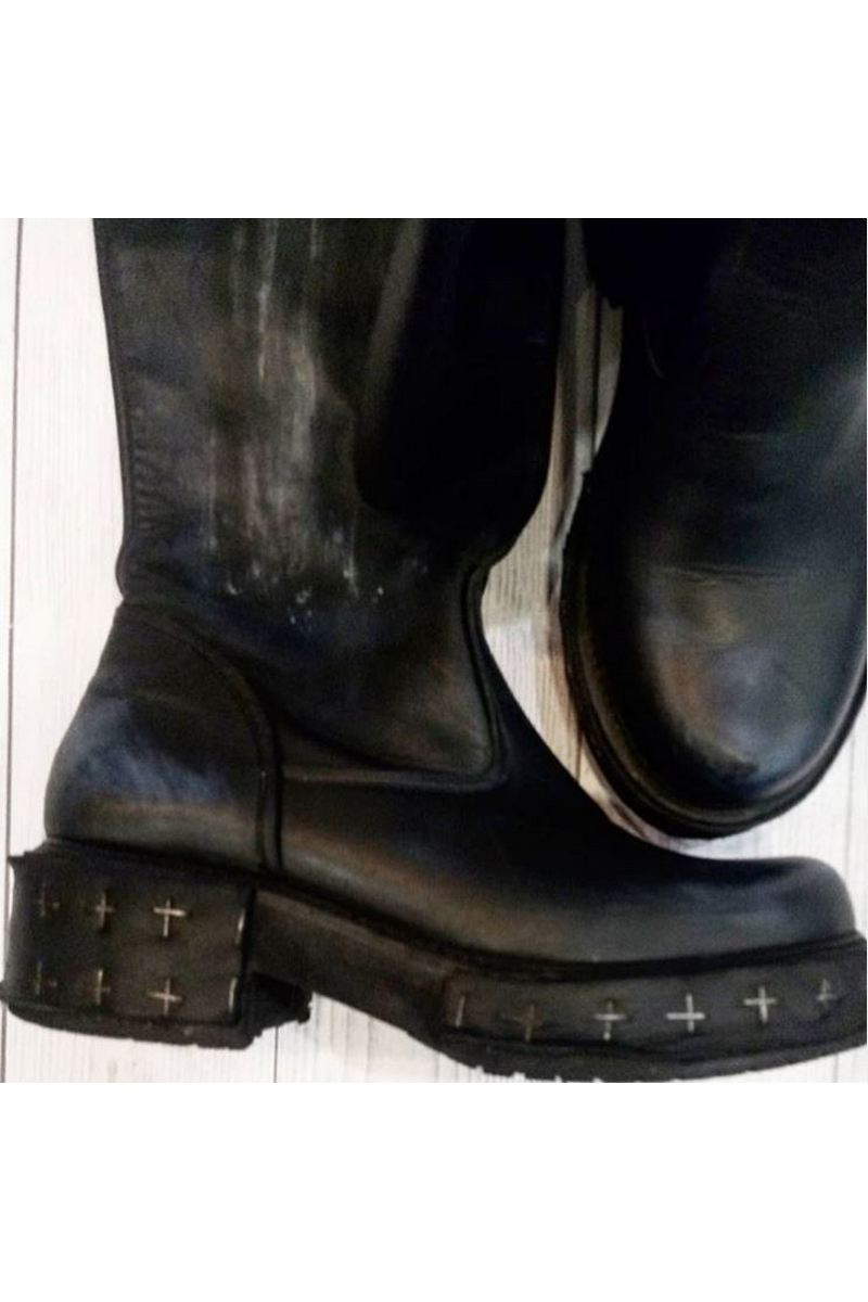 Buy Rock black leather tractoran sole boots, round toe tall unique designer boots