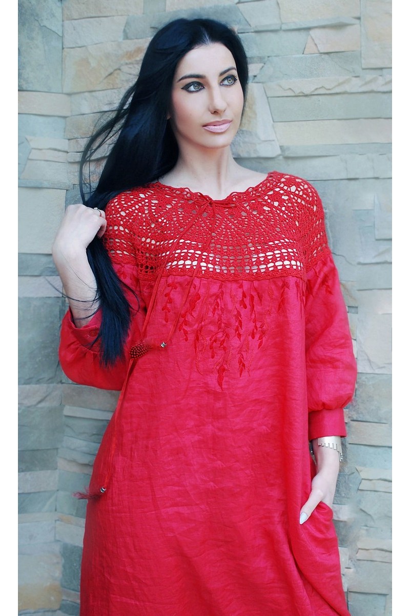 Buy Long linen embroidered hippie boho red design comfortqble dress