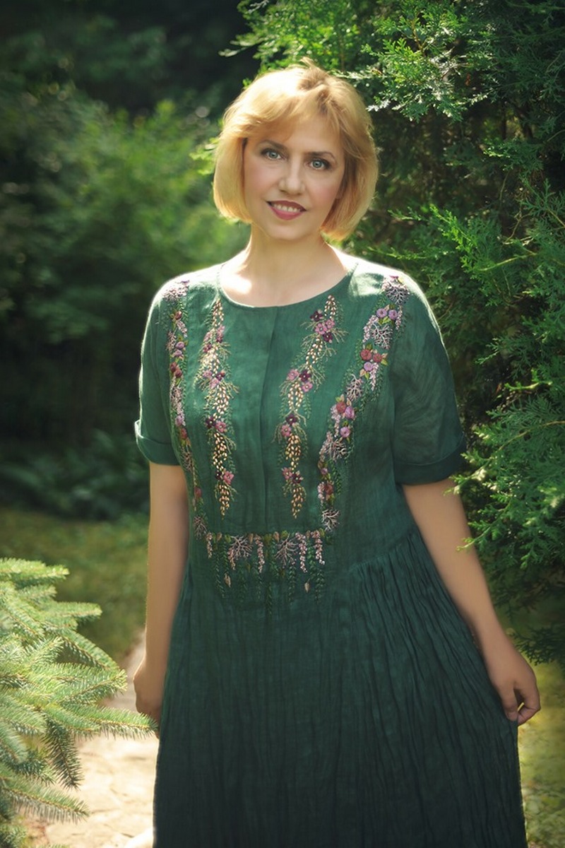 Buy Long linen embroidered green women dress, beautiful romantic original short sleeve dress