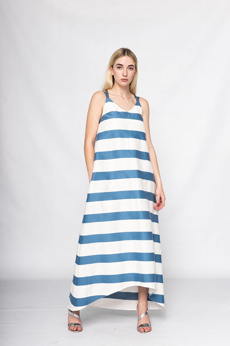Buy Summer cotton long loose checkered sundress, Sleeveless V neck dress, Сomfortable casual maxi ladies dress