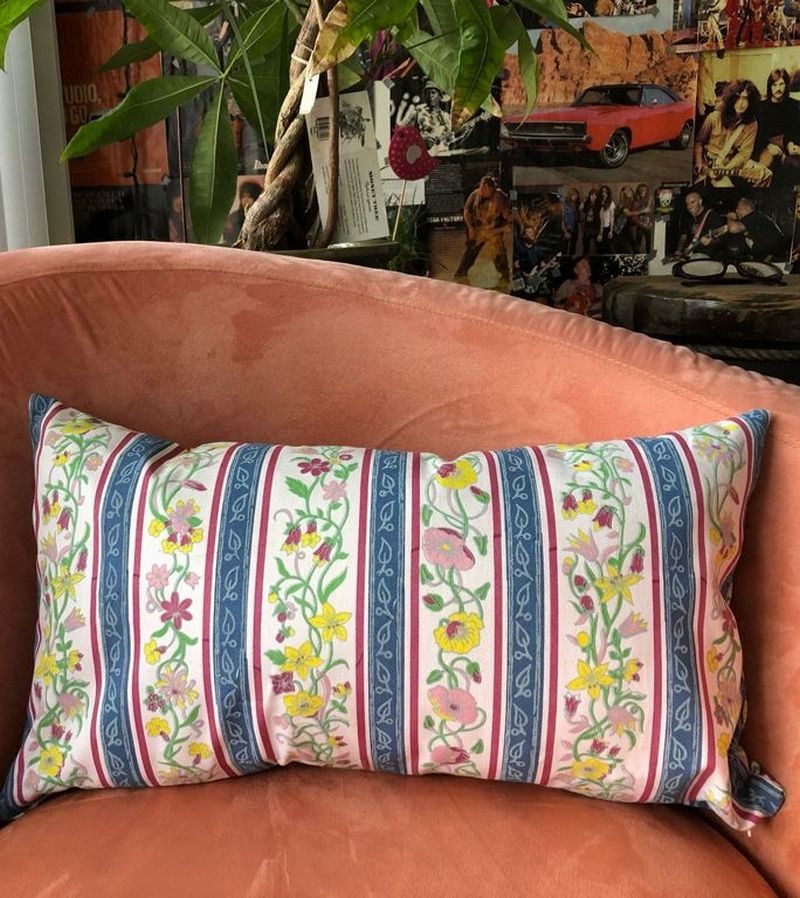 Buy Handmade Сotton stripe floral print cushion cover vintage retro style, Rectangular cushion cover 60s style, Сraftsman's pillow, Hand made decorative pillow