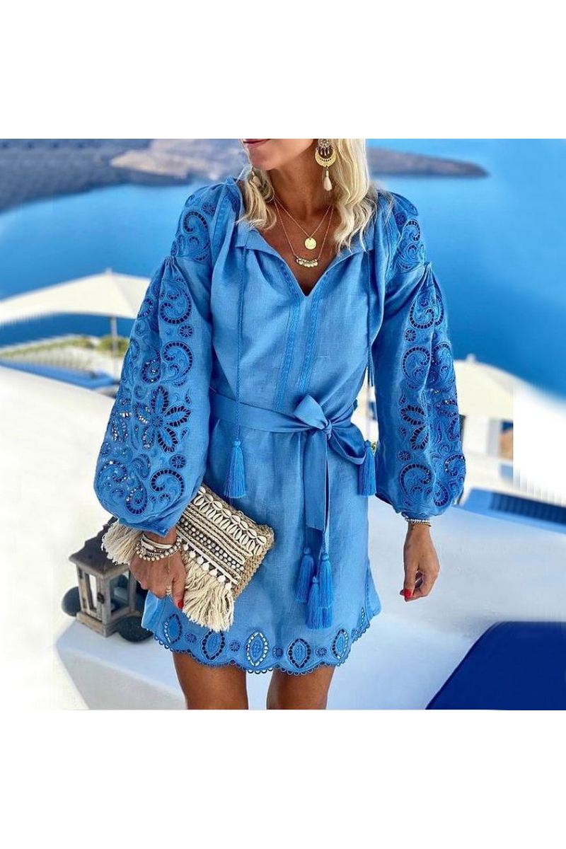 Buy Blue linen original boho unique authentic traditional folk Ukrainian embroidery vyshivanka short dress