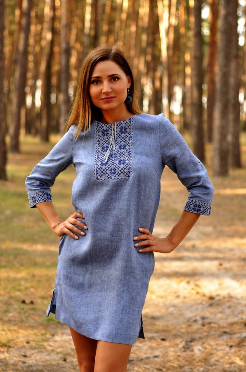 Buy Women's flax blue dress with short sleeves, Comf Boho Folk unique Ukrainian embroidered dress