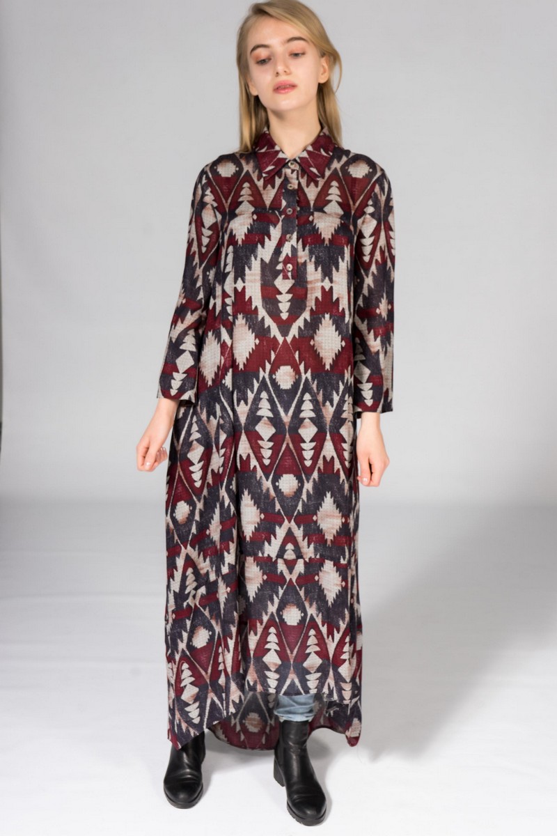 Buy Boho straight patterns multicolor dress, Long Loose Comfortable Long sleeve Dress