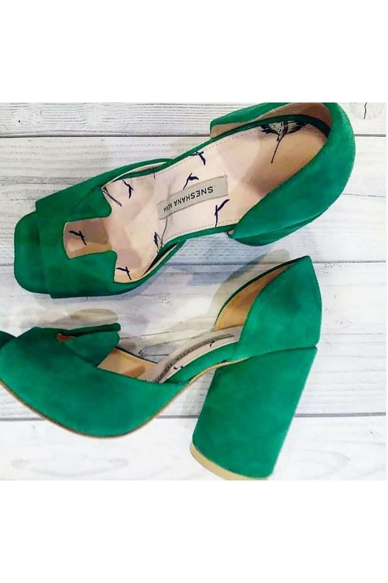 Buy Heel green suede open toe shoes, square toe designer stylish handmade shoes