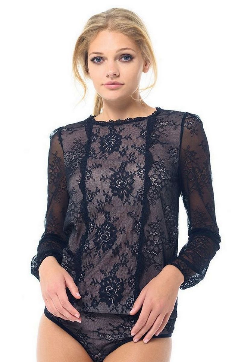 Buy Black Blouse Body for Women Guipure Lace comfortable translucent Office Style Clothing Arefeva