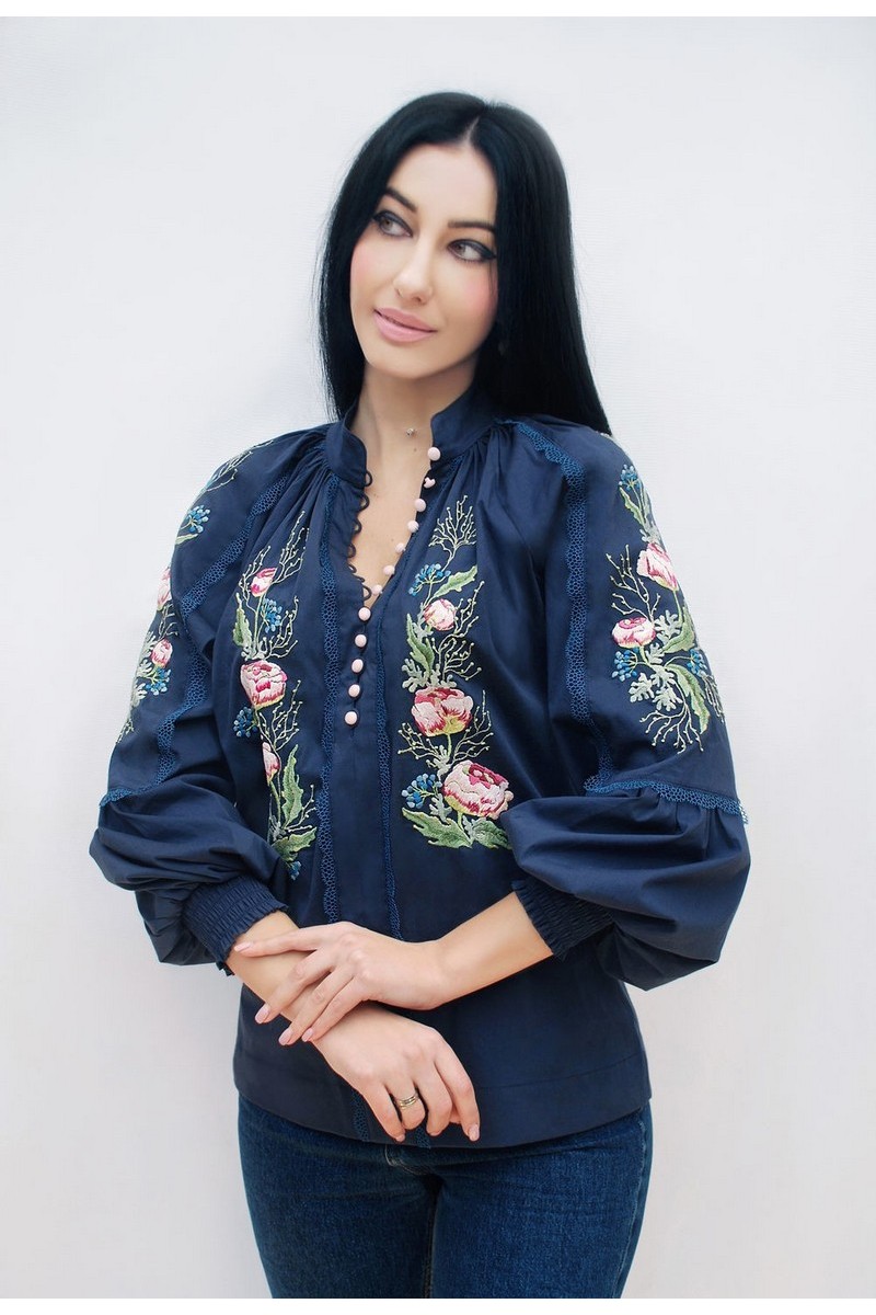 Buy Embroidered Coton Blue Long Sleeve Vyshivanka Authentic Designer Beautiful Blouse 