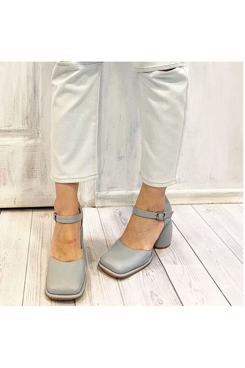 Buy Gray leather strap square toe shoes Closed Toe Ankle Strap Wedding Dress Shoes