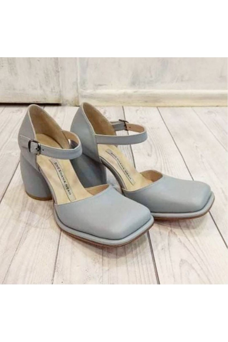 Gray leather strap square toe shoes Closed Toe Ankle Strap Wedding Dress Shoes