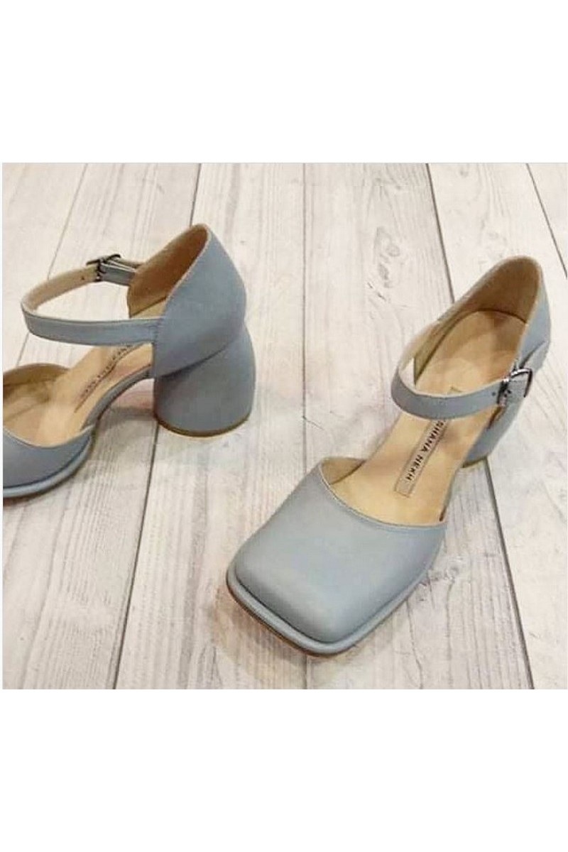Gray leather strap square toe shoes Closed Toe Ankle Strap Wedding Dress Shoes