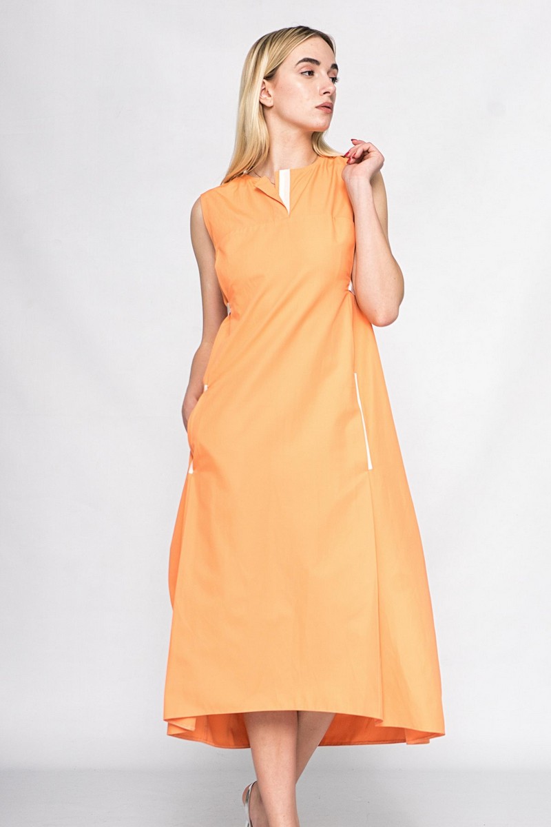 Buy Orange A-line sleeveless midi dress, Stylish cotton comfortable casual party dress