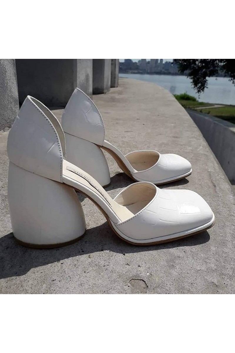 Buy White stylish women hand made comfortable elegant shoes, closed square toe wide heel shoes