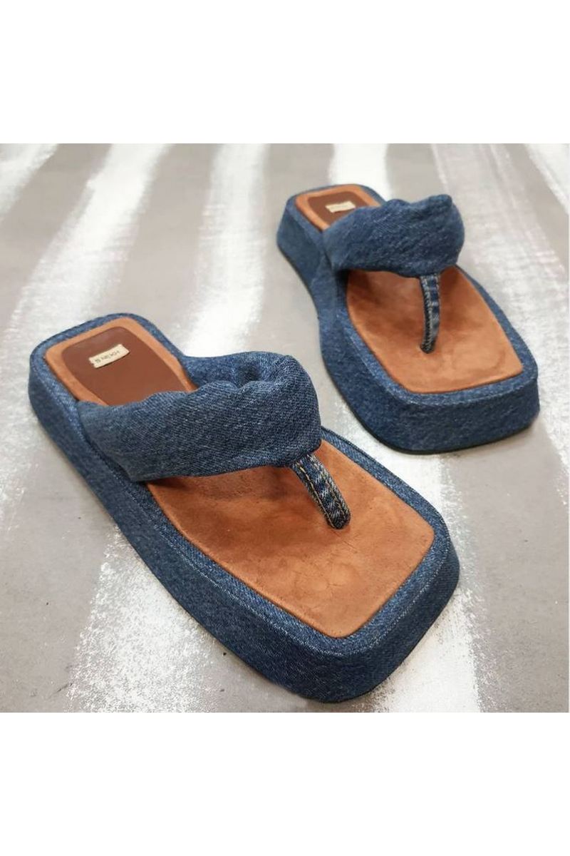 Buy Summer Blue Denim Lightweight Comfort Flat Thong Flip Flop Square Toe Sandals for Women