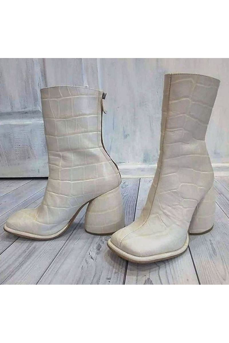 Buy White Handmade Leather Ankle Boots, Zipper Heel Square Toe Women Boots