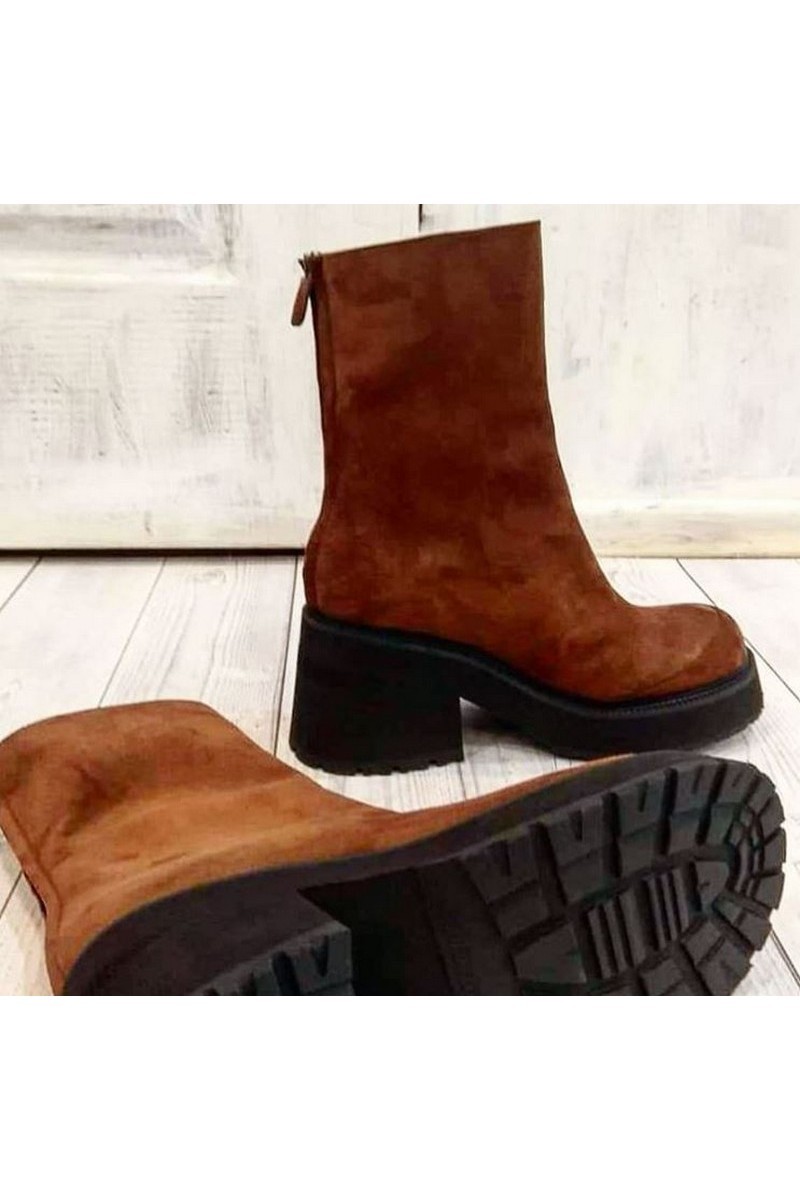 Buy Suede brown heel zipper boots, round toe tractor outsole handmade boots