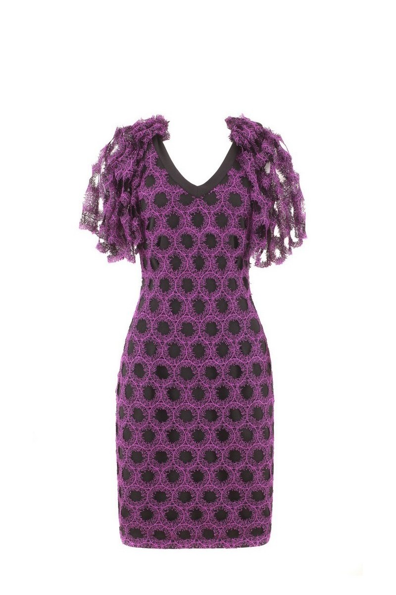 Buy Wool purple vintage style dress, elegant knee-length short sleeve V neckline dress