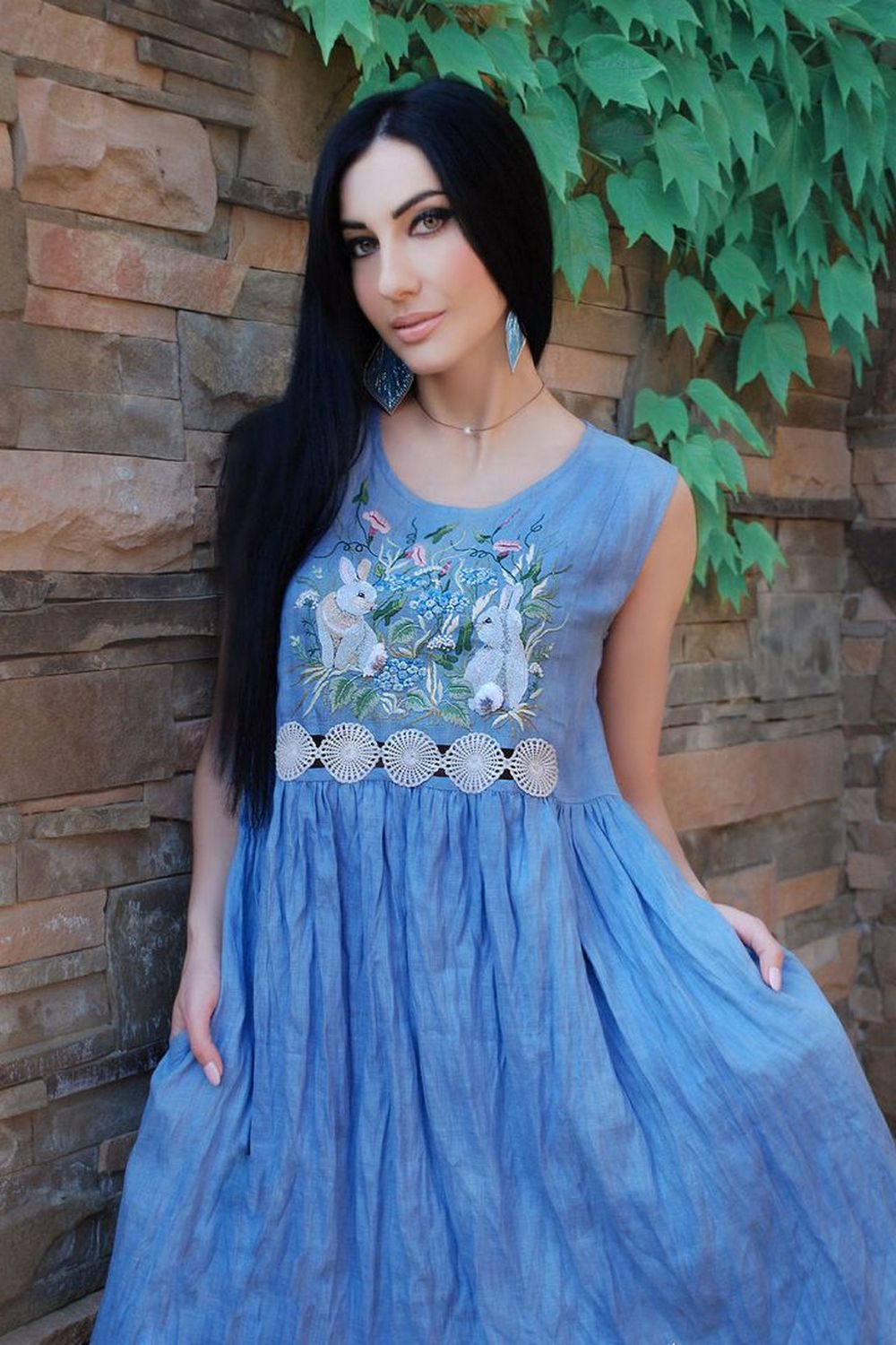 Buy Stylish romantic blue linen sundress with embroidery, Elegant midi sundress, Original unique summer dress, Comfortable summer dress