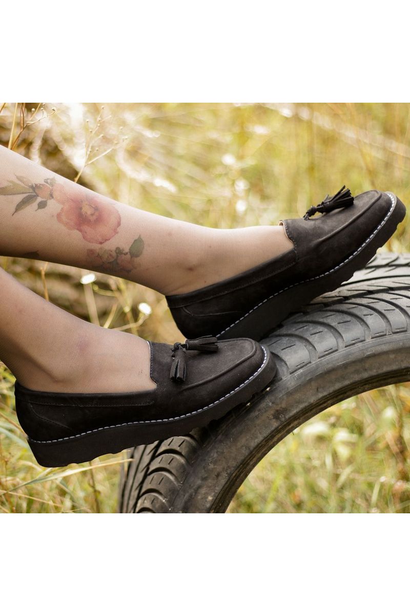 Buy Women Flat Shoes Black Matte Leather Slip On Fringe Sweet Woman Casual Loafers Flats Platform Shoes