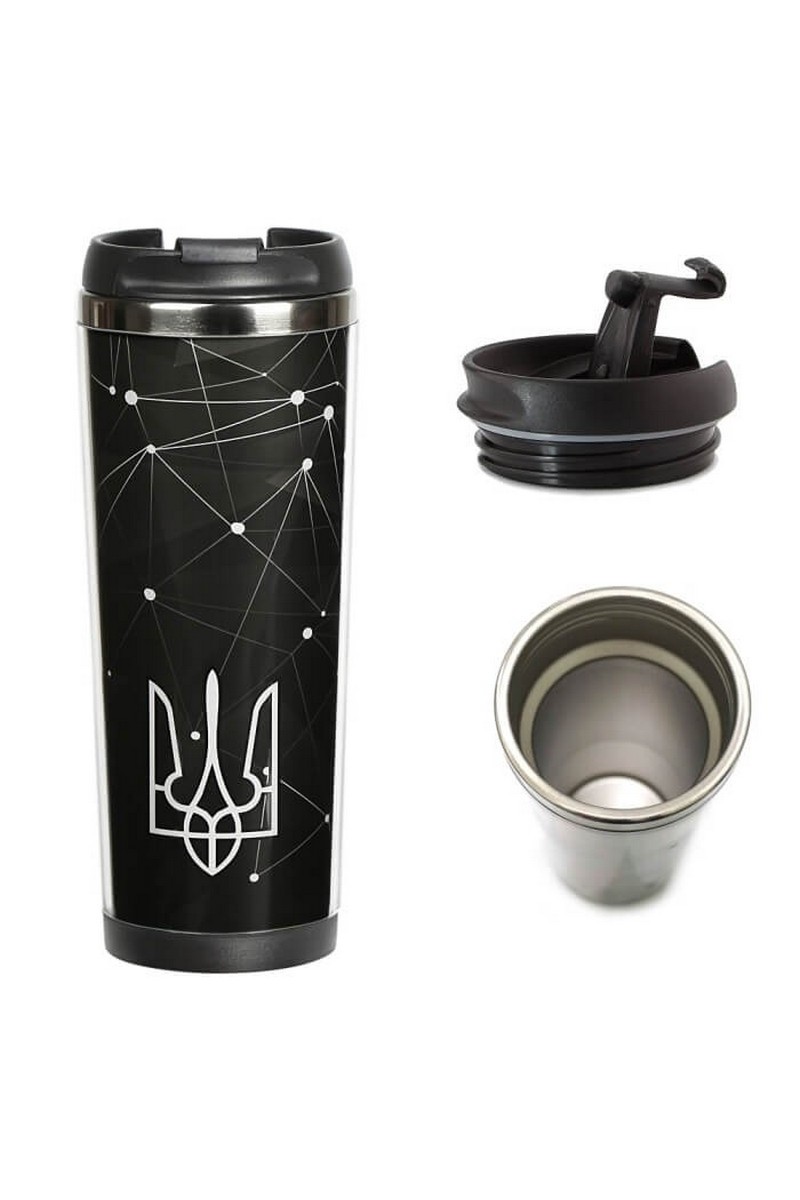 Buy Black Ukrainian style Thermo mug, Ukraine trident, Ukrainian accessories